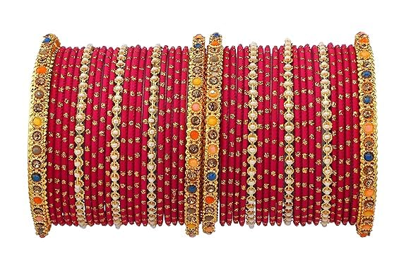 T4 Jewels Multicolor Zircon Stones Studded Elegent Golden Dotted Metal Bangles Set For Women & Girls Magenta T4 Jewels