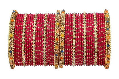 T4 Jewels Multicolor Zircon Stones Studded Elegent Golden Dotted Metal Bangles Set For Women & Girls Magenta T4 Jewels