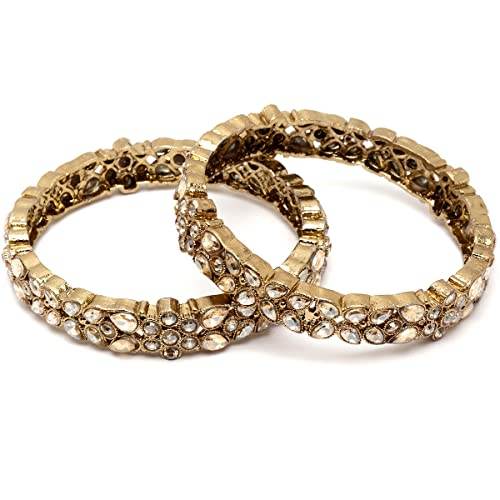 T4 Jewels Set of 2 Antique Gold Plated Floral Shape Kundan Rajwadi Bangles for Women