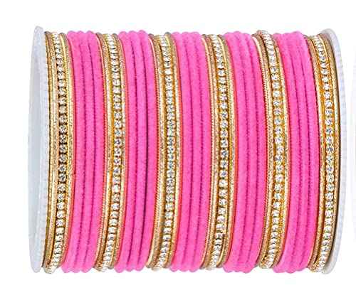 T4 Jewels Zircon Gem-stones And Beads Velvet Glossy Finished Metal Bangles Set For Women And Girls T4 Jewels
