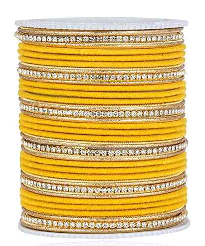T4 Jewels Zircon Gem-stones And Beads Velvet Glossy Finished Metal Bangles Set For Women And Girls Yellow T4 Jewels