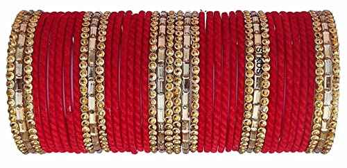 T4 Jewels 2.10 & 2.12 Size Gold Plated Velvet Designer Beads With Stones Studded Glass Bangles Set For Women & Girls Red T4 Jewels