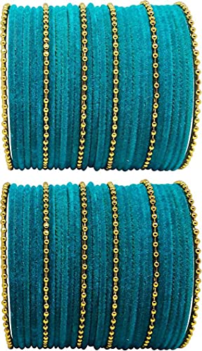 T4 Jewels Golden Beads Studded Glossy Finish Velvet Metal Bangles Set (Set Of 2) - 35NO