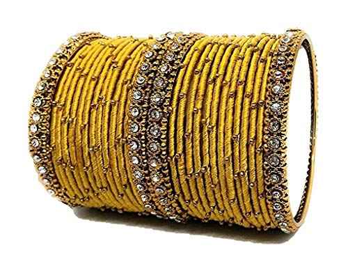 T4 Jewels Handmade Silk Thread Metal Bangles Set Zircon Stones Bridal Chuda/Wedding Chuda For Women & Girls (Set Of 28) Gold 2.2 Inches T4 Jewels