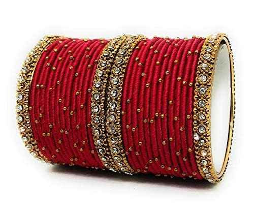 T4 Jewels Handmade Silk Thread Metal Bangles Set Zircon Stones Bridal Chuda/Wedding Chuda For Women & Girls (Set Of 28) Dark Red T4 Jewels