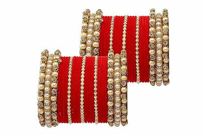 T4 Jewels Brass Metal Beads Stones & Gemstones Studded Moti & Pearl Glossy Finished Bangles Set - 114NO