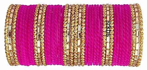 T4 Jewels 2.10 & 2.12 Size Gold Plated Velvet Designer Beads With Stones Studded Glass Bangles Set For Women & Girls Dark Pink T4 Jewels
