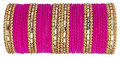 T4 Jewels 2.10 & 2.12 Size Gold Plated Velvet Designer Beads With Stones Studded Glass Bangles Set For Women & Girls Dark Pink T4 Jewels