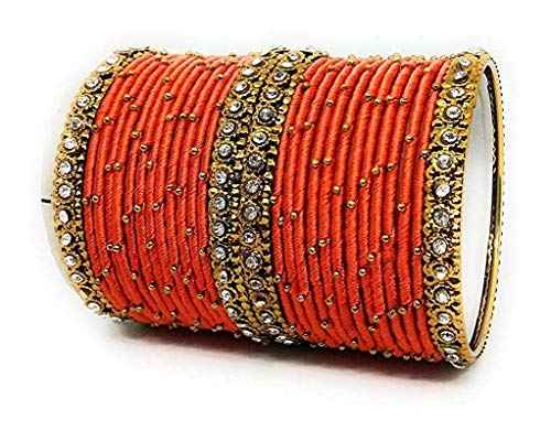 T4 Jewels Handmade Silk Thread Metal Bangles Set Zircon Stones Bridal Chuda/Wedding Chuda For Women & Girls (Set Of 28) Orange 2.4 Inches T4 Jewels