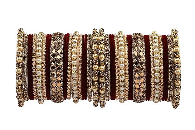 T4 Jewels Metal With Zircon Gemstones Attractive Glossy Finish Gold Plated Fashion Jewellery Metal Bangle Set For Women & Girls Maroon T4 Jewels