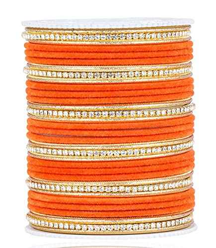 T4 Jewels Zircon Gem-stones And Beads Velvet Glossy Finished Metal Bangles Set For Women And Girls Orange T4 Jewels