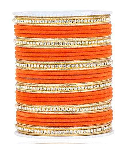 T4 Jewels Zircon Gem-stones And Beads Velvet Glossy Finished Metal Bangles Set For Women And Girls Orange T4 Jewels