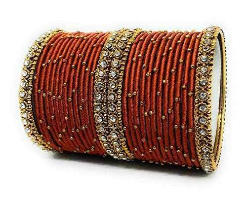 T4 Jewels Handmade Silk Thread Metal Bangles Set Zircon Stones Bridal Chuda/Wedding Chuda For Women & Girls (Set Of 28) Dark Orange T4 Jewels