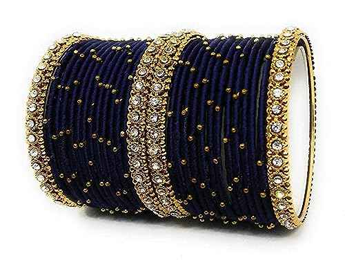 T4 Jewels Handmade Silk Thread Metal Bangles Set Zircon Stones Bridal Chuda/Wedding Chuda For Women & Girls (Set Of 28) Navy Blue 2.4 Inches T4 Jewels