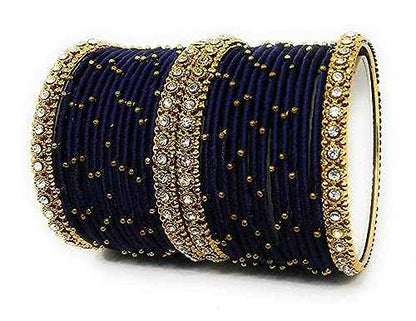 T4 Jewels Handmade Silk Thread Metal Bangles Set Zircon Stones Bridal Chuda/Wedding Chuda For Women & Girls (Set Of 28) Navy Blue 2.4 Inches T4 Jewels