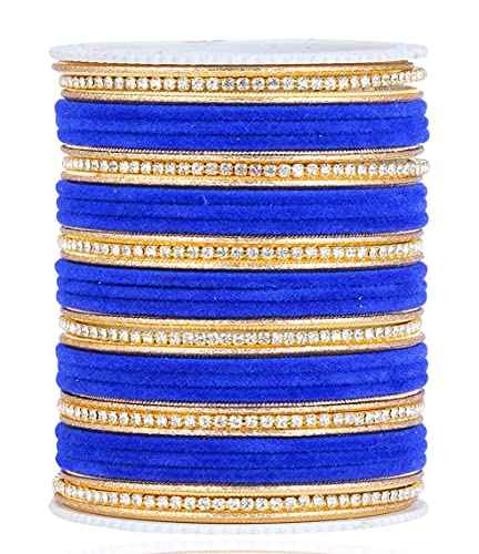 T4 Jewels Zircon Gem-stones And Beads Velvet Glossy Finished Metal Bangles Set For Women And Girls Blue T4 Jewels