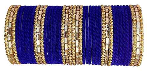 T4 Jewels 2.10 & 2.12 Size Gold Plated Velvet Designer Beads With Stones Studded Glass Bangles Set For Women & Girls Blue T4 Jewels