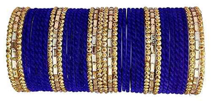 T4 Jewels 2.10 & 2.12 Size Gold Plated Velvet Designer Beads With Stones Studded Glass Bangles Set For Women & Girls Blue T4 Jewels