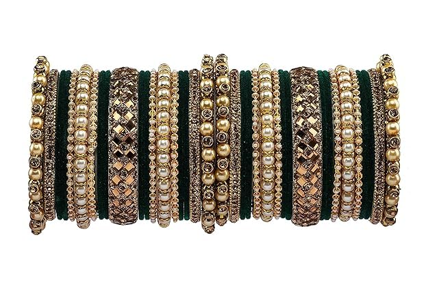 T4 Jewels Metal With Zircon Gemstones Attractive Glossy Finish Gold Plated Fashion Jewellery Metal Bangle Set For Women & Girls Dark Green T4 Jewels