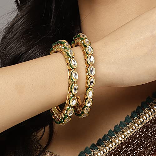 T4 Jewels Gold Plated Set of 2 Green Meena Bangles for Women T4 Jewels