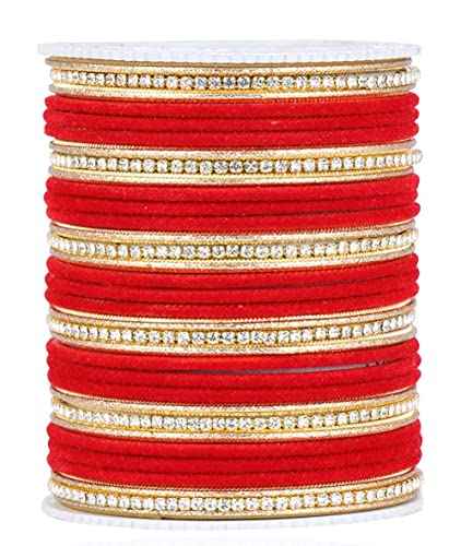 T4 Jewels Zircon Gem-stones And Beads Velvet Glossy Finished Metal Bangles Set For Women And Girls Red T4 Jewels