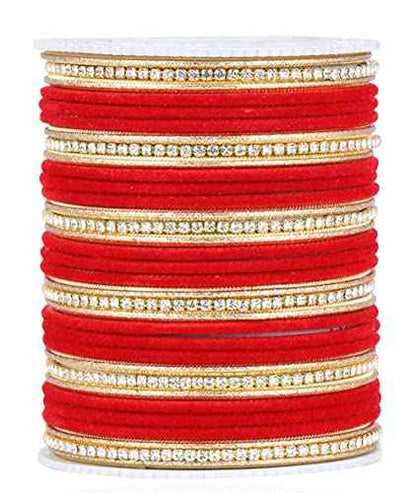 T4 Jewels Zircon Gem-stones And Beads Velvet Glossy Finished Metal Bangles Set For Women And Girls Red T4 Jewels