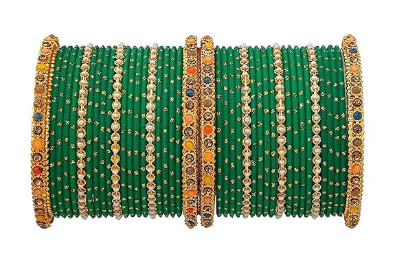 T4 Jewels Multicolor Zircon Stones Studded Elegent Golden Dotted Metal Bangles Set For Women & Girls Green T4 Jewels