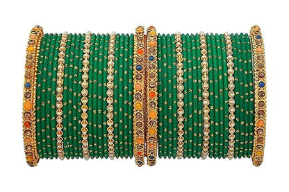T4 Jewels Multicolor Zircon Stones Studded Elegent Golden Dotted Metal Bangles Set For Women & Girls Green T4 Jewels