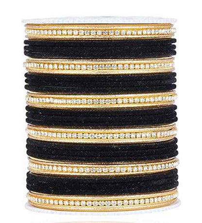 T4 Jewels Zircon Gem-stones And Beads Velvet Glossy Finished Metal Bangles Set For Women And Girls Black T4 Jewels