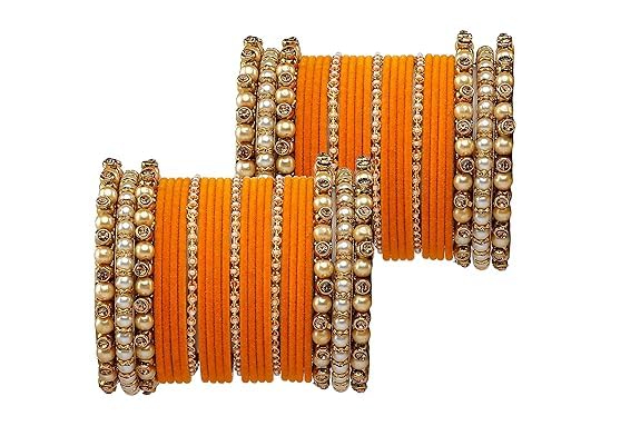 T4 Jewels Brass Metal Beads Stones & Gemstones Studded Moti & Pearl Glossy Finished Bangles Set - 114NO