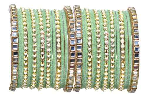 T4 Jewels 18k Gold Plated Zircon Stones Studded Metal Velvet Latest Fashion Jewellery Bangles Set For Women & Girls - 94NO Pista T4 Jewels