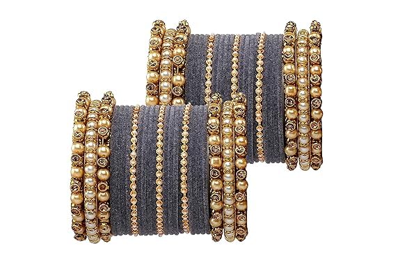 T4 Jewels Brass Metal Beads Stones & Gemstones Studded Moti & Pearl Glossy Finished Bangles Set - 114NO