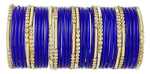 T4 Jewels 2.10 & 2.12 Size Beads Studded Branded Plane Gold Worked Glass Bangles Set For Women & Girls (Set Of 36) Blue 2.11 Inches T4 Jewels