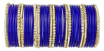 T4 Jewels 2.10 & 2.12 Size Beads Studded Branded Plane Gold Worked Glass Bangles Set For Women & Girls (Set Of 36) Blue 2.11 Inches T4 Jewels