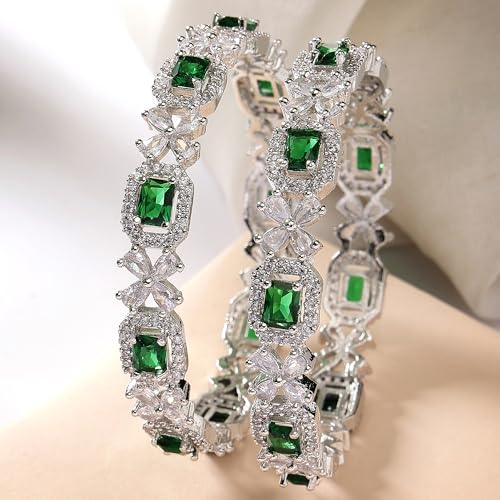 ZENEME Rhodium-Plated Silver Toned American Diamond Square Shaped studded Bangle Jewellery Set for Girls and Women (Set Of 2) T4 Jewels