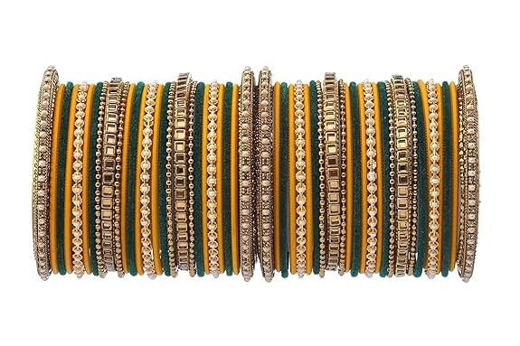 T4 Jewels Multicolours Metal Fashion Jewellery Bangles Set Gold Plated Kundan Studded Bangles For Women & Girls Yellow - Green T4 Jewels