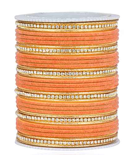 T4 Jewels Zircon Gem-stones And Beads Velvet Glossy Finished Metal Bangles Set For Women And Girls Peach T4 Jewels