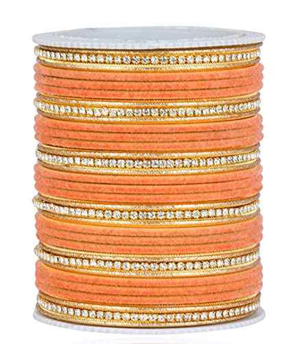 T4 Jewels Zircon Gem-stones And Beads Velvet Glossy Finished Metal Bangles Set For Women And Girls Peach T4 Jewels