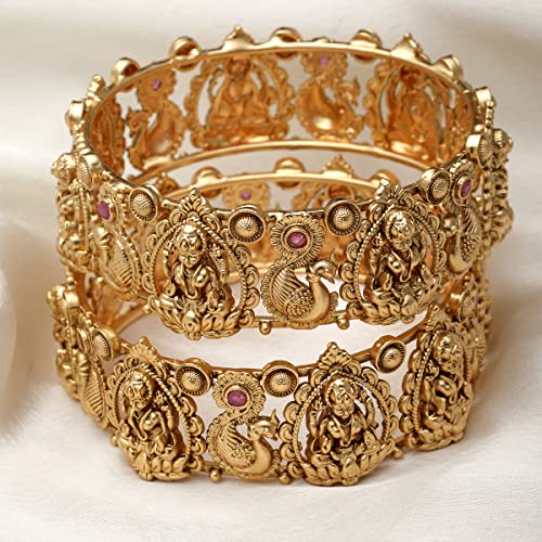T4 Jewels Gold Plated Set of 2 Laxmi Mata and Peacock Design Bangles for Women T4 Jewels