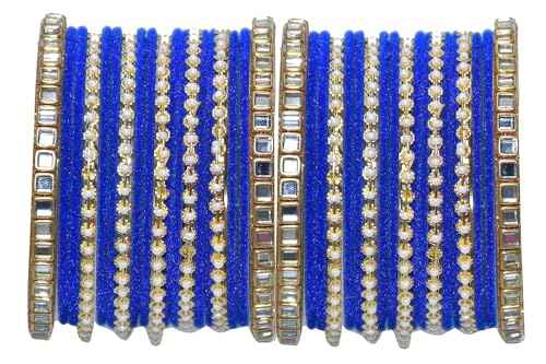 T4 Jewels 18k Gold Plated Zircon Stones Studded Metal Velvet Latest Fashion Jewellery Bangles Set For Women & Girls - 94NO Blue T4 Jewels