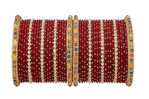 T4 Jewels Multicolor Zircon Stones Studded Elegent Golden Dotted Metal Bangles Set For Women & Girls Maroon T4 Jewels
