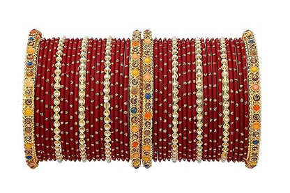 T4 Jewels Multicolor Zircon Stones Studded Elegent Golden Dotted Metal Bangles Set For Women & Girls Maroon T4 Jewels