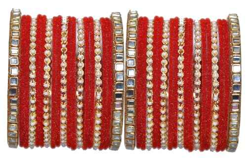 T4 Jewels 18k Gold Plated Zircon Stones Studded Metal Velvet Latest Fashion Jewellery Bangles Set For Women & Girls - 94NO Red T4 Jewels
