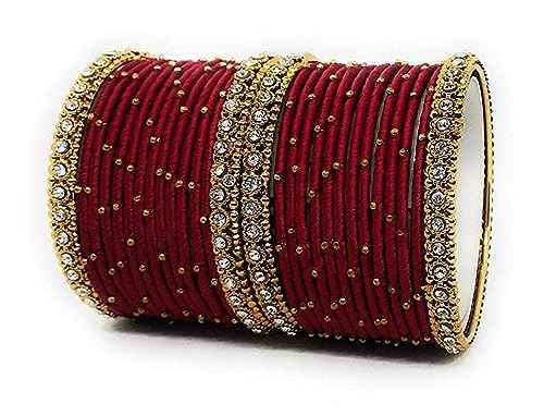 T4 Jewels Handmade Silk Thread Metal Bangles Set Zircon Stones Bridal Chuda/Wedding Chuda For Women & Girls (Set Of 28) Maroon T4 Jewels