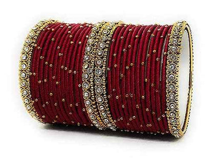 T4 Jewels Handmade Silk Thread Metal Bangles Set Zircon Stones Bridal Chuda/Wedding Chuda For Women & Girls (Set Of 28) Maroon T4 Jewels