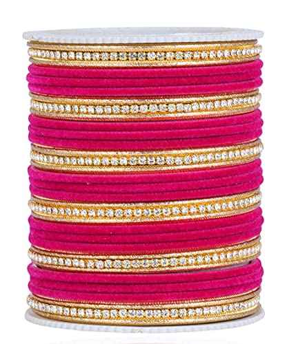 T4 Jewels Zircon Gem-stones And Beads Velvet Glossy Finished Metal Bangles Set For Women And Girls Magenta T4 Jewels