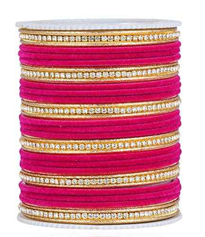 T4 Jewels Zircon Gem-stones And Beads Velvet Glossy Finished Metal Bangles Set For Women And Girls Magenta T4 Jewels