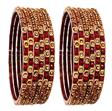 T4 Jewels (2.10 & 2.12 Size Designer Maroon Colour Golden Silver Stones Studded Beautiful Glass Bangles Set For Women & Girls - (Set Of 12)