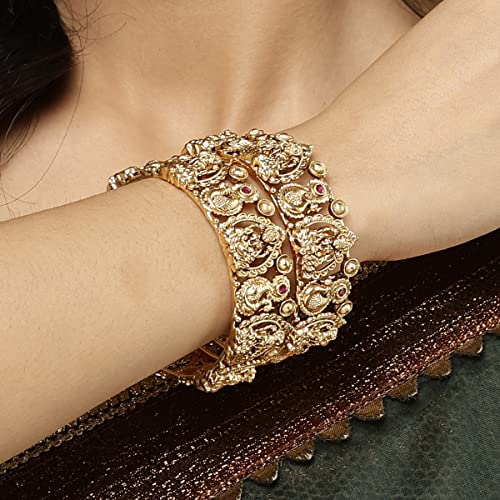 T4 Jewels Gold Plated Set of 2 Laxmi Mata and Peacock Design Bangles for Women T4 Jewels