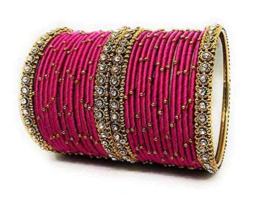 T4 Jewels Handmade Silk Thread Metal Bangles Set Zircon Stones Bridal Chuda/Wedding Chuda For Women & Girls (Set Of 28) Rani 2.8 Inches T4 Jewels